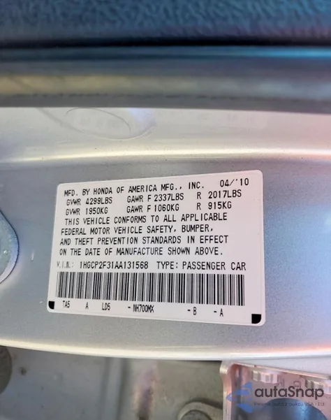 2010 Honda Accord Lx z USA, uszkodzony, nr VIN 1HGCP2F31AA131568